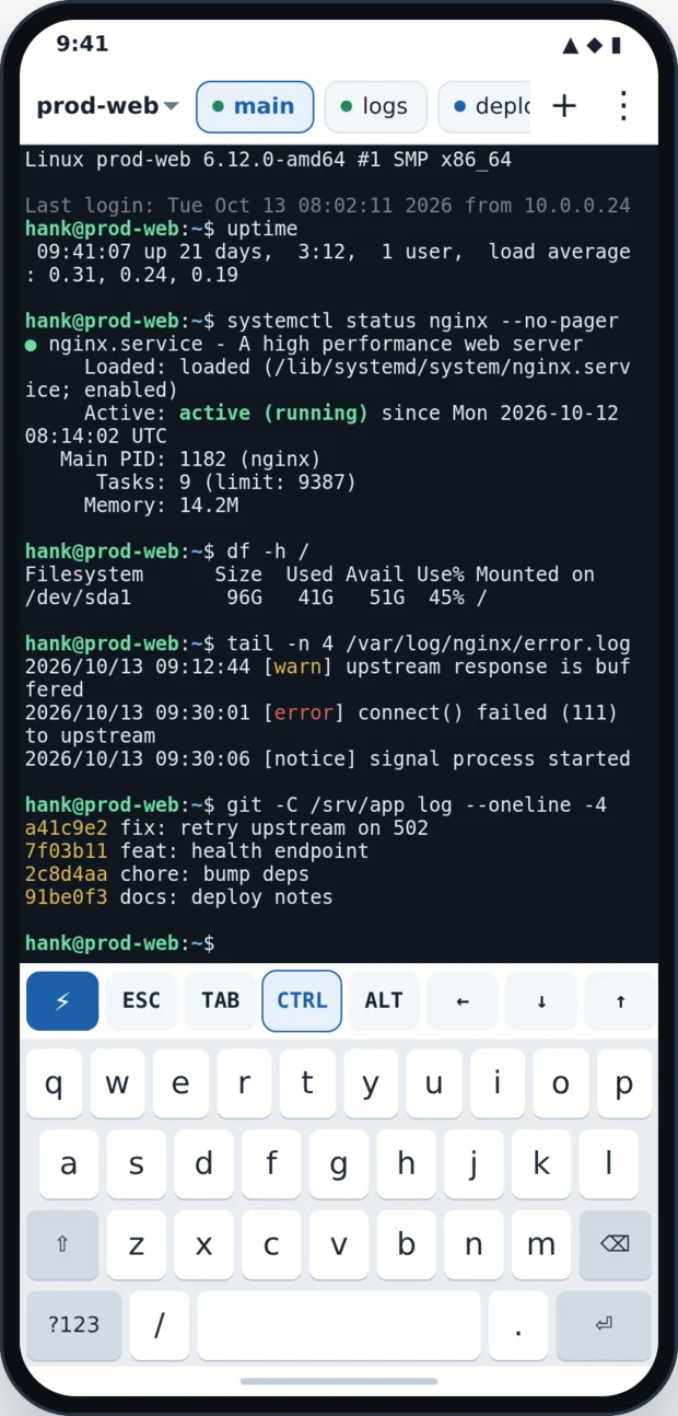 RACKTERM with the on-screen keyboard open and the shell prompt still visible above it