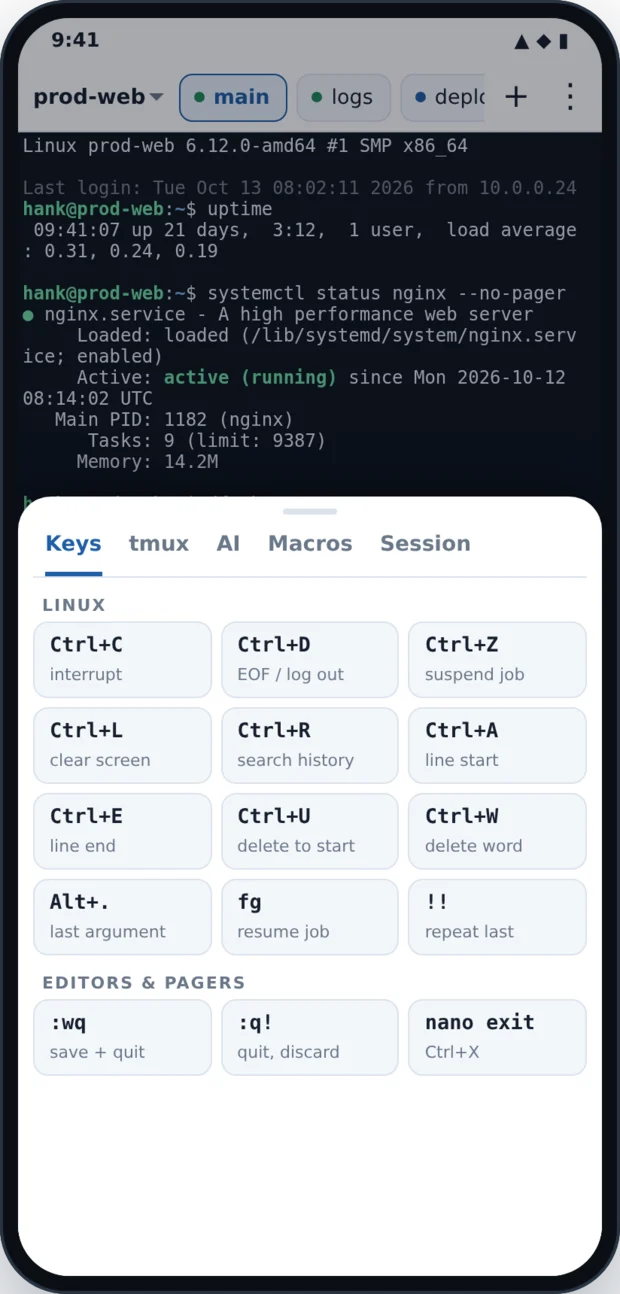 RACKTERM popup menu with Linux hotkeys such as Ctrl+C, Ctrl+R and Alt+dot