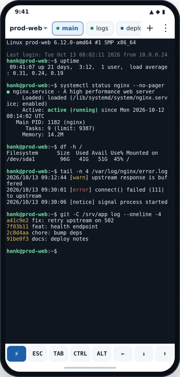 RACKTERM showing a shell session with tabs at the top and a row of terminal keys at the bottom